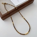Tiger eye stone beaded necklace with square brown gems and golden metal accents - Tiger Eye Necklace XL0301