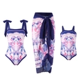 Matching mother daughter tropical swimwear set with flamingo print and blue mesh sarong - Blue Set (Square Neck)