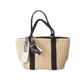 Handgefertigte Stroh-Tragetasche in Beige mit schwarzen Griffen und bedrucktem Band - Off-white mit Schal