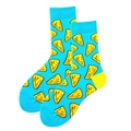 Lake blue crew socks featuring vibrant yellow cheese patterns and ribbed cuffs - Blue Cheese Shape