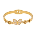 Gold stainless steel bangle featuring mother of pearl butterfly and floral crystal accents - White Shell Butterfly Rhinestone Style (5#)