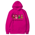 Rose red Christmas hoodie featuring festive cartoon geese and Merry Goosmas print - Rose Red