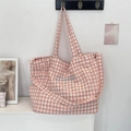 Close-up of pink plaid canvas tote bag featuring light blue Sozakka embroidery details - Blush Pink Plaid