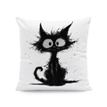 Detail of white square cushion cover with black fluffy cat ink illustration and soft texture - Ink Fluffy Cat