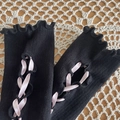Black knit arm warmers with pink satin ribbon lace-up and ruffle trim detail - Black Pink Lace Long