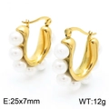 18k gold plated stainless steel C-shape earrings with three white pearls 25x7mm - Style C Gold (KE113820-KFC)