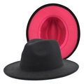 Detail of the two-tone felt fedora hat featuring black exterior and vibrant rose red lining - M (56-58cm) / Black+Rose Red