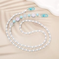 Blue and white beaded crossbody phone strap with pink cat paw charm and blue metal clips - 120cm Crossbody / White/Light Blue (K039 Cat Paw)
