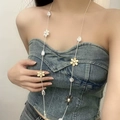 Minimalist beaded gold flower sweater necklace with shell charms for women - Gold Daisy