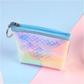 Mini transparent laser fish scale coin purse with blue zipper and silver keychain - Blue Trapezoid Style
