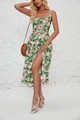 Detail of green floral midi dress featuring a drawstring chest and elegant high side slit - Green with Red White Floral