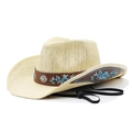Detalle de sombrero vaquero vintage con bordado floral azul y hebilla metálica de girasol - M (56-58cm) / Beige (JX93633 Beige)