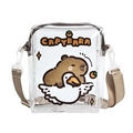 Transparente PVC Wasserschwein Umhängetasche mit Gänse-Illustration und braunem Gurt - Khaki 1 (Capybara Reitet Gans)