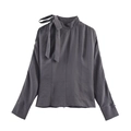 Elegant grey satin shirt featuring stylish shoulder slits and a classic bowtie neckline - XS / Gray