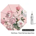 Three-fold automatic umbrella with pink peony floral print and silver sun protection coating - Automatic 3-Fold Pink Peony - Silver Coating