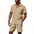 Detail of khaki striped linen set featuring chest pocket and button-down short sleeve shirt - Light Khaki