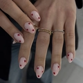 Almond-shaped pink press-on nails with red hearts and gold rings accessory - Bz1406 Pink Jade Red Heart / Jelly Glue + Nail File