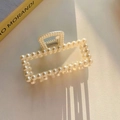 Elegante molletta per capelli rettangolare con perle finte e molla dorata da donna - Stile Perla - Molletta Quadrata