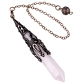 Macro view of natural rose quartz hexagonal prism pendant with vintage engraved bronze cap - Standard Chain Style / Rose Quartz