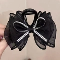 Pinza per capelli bimba con fiocco in rete a pois neri e strass argentati - 487 Clip per Capelli con Fiocco [Nero]