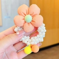 Sweet peach fabric flower hair tie with double pearl band and colorful matte beads - Orange Pearl Flower