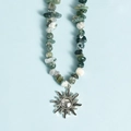Irregular green moss agate and white stone bead necklace with a silver sun charm pendant - Moss Agate Sun