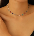 Colorful heart gemstone choker necklace with silver chain on model, trendy INS style - Silver Heart Multicolor Gemstone Necklace (G-476)