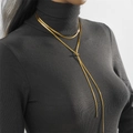 Minimalist gold double layer snake chain necklace for women styled over a grey sweater - Gold (C212)