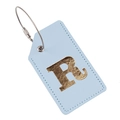 Light blue PU leather luggage tag with gold letter R and secure steel wire loop - Light Blue R