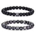 Men's natural stone bead bracelet set with matte black beads and silver metal charms - Matte + Black Labradorite