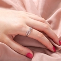 Detailed view of silver open ring with double oval loops and micro-pave zircons - Silver Double Oval Staggered