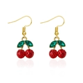 Sparkling cherry drop earrings with red and green rhinestones on gold hooks - Pave Rhinestone Cherry