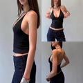Black halter neck backless top with deep V-neck and slim fit design shown from multiple angles - XS / Black