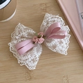 White lace bow hair clip with pink silk roses and ribbon detail for girls - Lace Rose Bow Alligator Clip / White