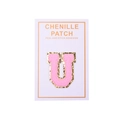Detail of pink chenille letter U patch with gold sequins and peel-and-stick adhesive back - Letter U