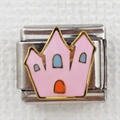 Detailed pink castle charm link for Italian modular bracelets featuring colorful enamel - Pink Castle
