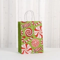Bolsa de regalo de Navidad en papel kraft verde con estampados de caramelos rojos - Estilo Estampado de Caramelos (041-3)