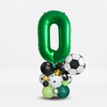 Detail of soccer theme party set with number zero foil balloon and latex balloon base - Number 0