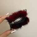 Elegant wine red faux fur hair claw clip for women featuring a minimalist cross design - Red Pom-pom (43#)
