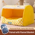 Yellow plaid semi-enclosed cat bed with thick fleece lining and blue flannel blanket - S (35*30*30cm) / Pet Bed + Flannel Blanket / Bright yellow