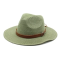 Close-up of olive green Panama straw hat with brown leather band and metal buckle detail - M(56-58cm) / Army Green