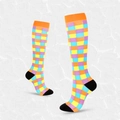 Knee-high compression socks with vibrant multi-colored checkerboard pattern and elastic cuff - S/M / Jigsaw D (Checkerboard Pattern)