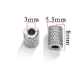 Silver stainless steel spacer bead in 8mm length with 3mm inner and 5.5mm outer diameter - Knurled Texture / Steel