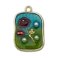 French vintage enamel red rose flower pendant with blue gradient and white pearls - Blue-Green Square Rose Leaf-22116