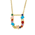 Gold letter necklace featuring U-shaped pendant with colorful multi-gemstone zircons - Letter U
