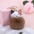 Close-up of a cute lucky cat faux rabbit fur pompom keychain with a gold metal ring - Khaki