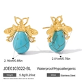 Gold bee earrings with turquoise stone, hypoallergenic and waterproof stainless steel jewelry - Gold Blue Turquoise Bee