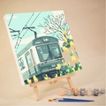 DIY digital oil painting kit featuring a mint green tram scene with 12 colors and wood easel - XH645 Cyan Tram