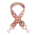 Detail of red and beige geometric woven canvas shoulder strap with silver metal hooks - Red Silver Buckle