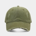 Close-up of olive green baseball cap showing vintage washed fabric and distressed brim detail - Adjustable / Army Green